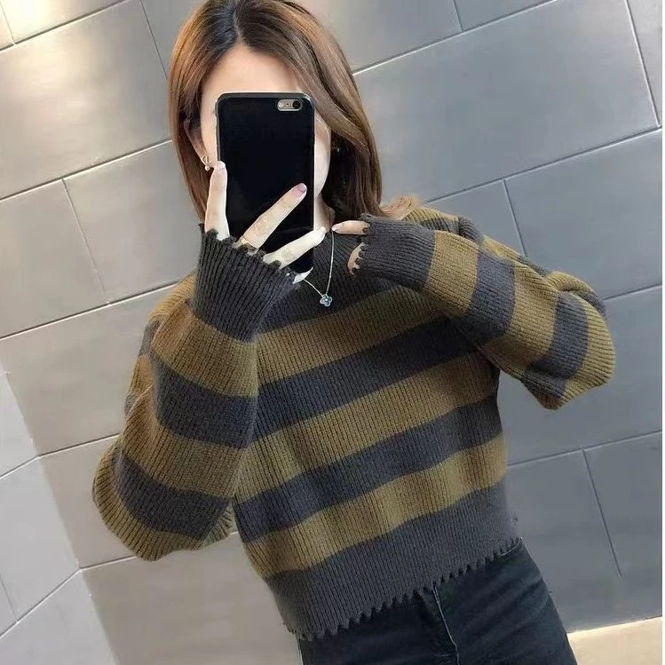 条纹短款毛衣女秋冬季新款小个子韩版百搭宽松洋气小款针织打底衫
