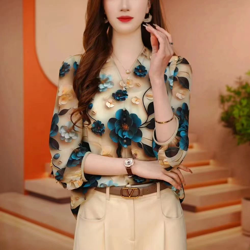 A241707-春季新款琉璃双绉丝设计时尚印花洋气显瘦短袖上衣女减龄