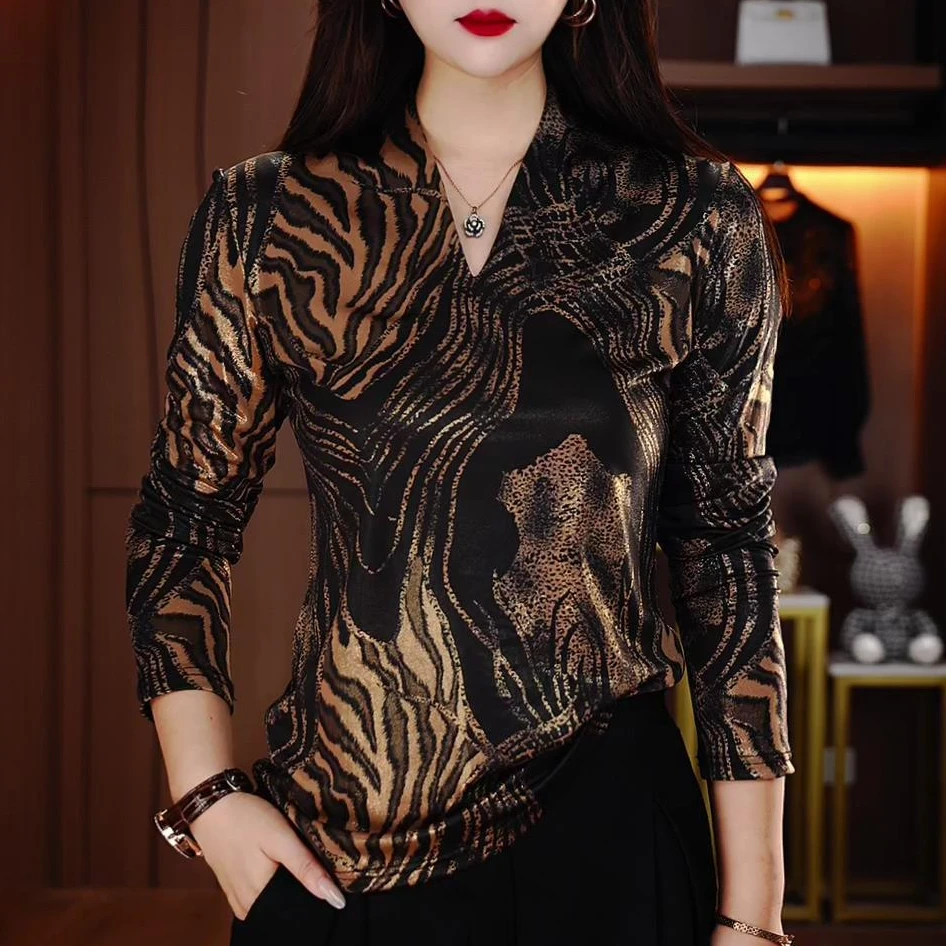 A246073-南油原创秋冬新款长袖女上衣烫金纱遮肉显瘦百搭显贵气