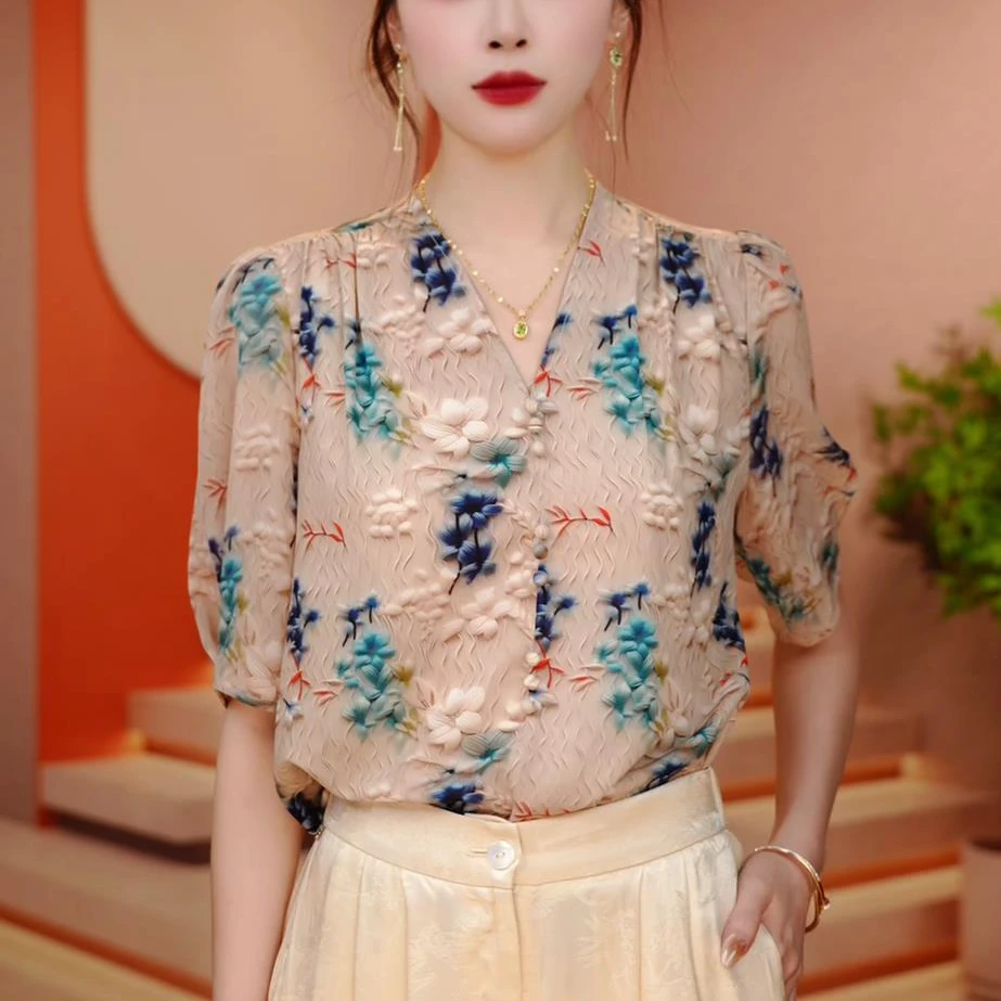 【风穗】夏季新款琉璃双绉丝设计时尚印花洋气显瘦短袖上衣女