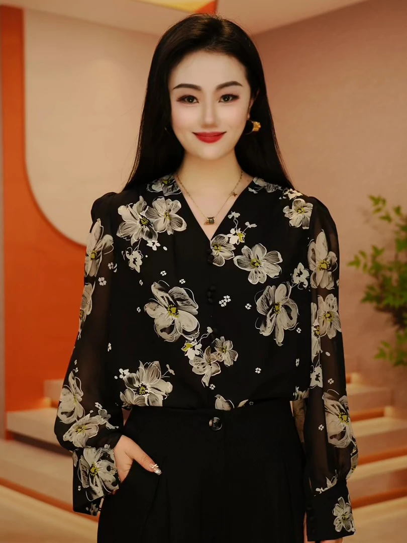 【风穗】早春新款印花琉璃双绉丝百搭设计时尚洋气显瘦减龄长袖上衣