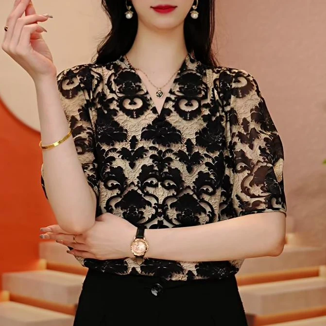 [风穗] 2024新款上新南油时尚V领百搭女上衣遮肉显瘦衬衫宽松印花