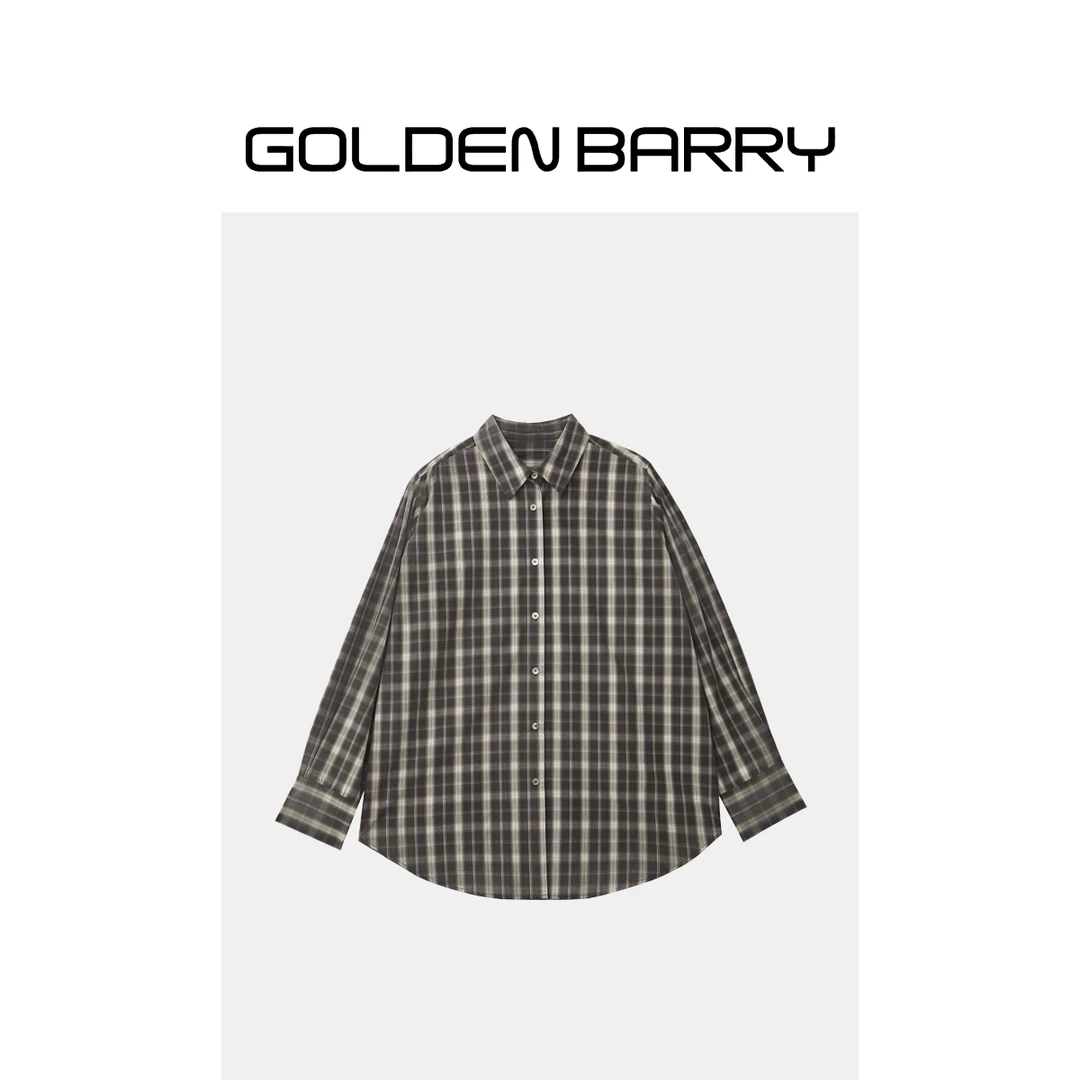 GOLDENBARRY|212595慵懒宽松百搭磨毛格纹衬衣长袖休闲时尚翻领