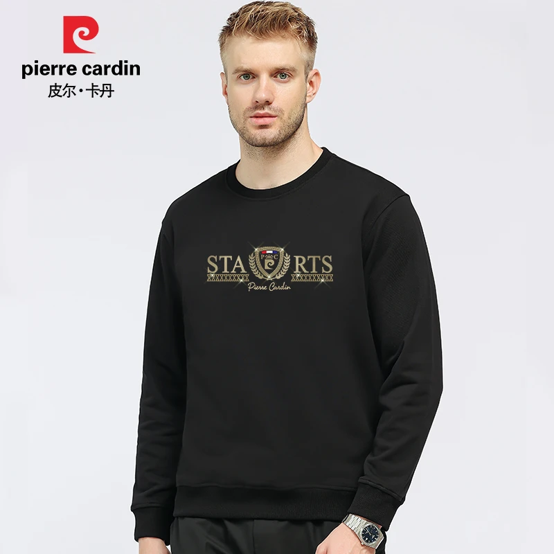 皮尔卡丹专柜大码男士商务圆领卫衣潮流印花轻奢品质长袖上衣P186