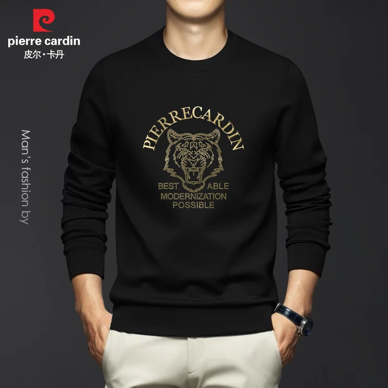 皮尔卡丹男士春秋休闲圆领卫衣百搭加肥加大长袖大码男上衣P80189