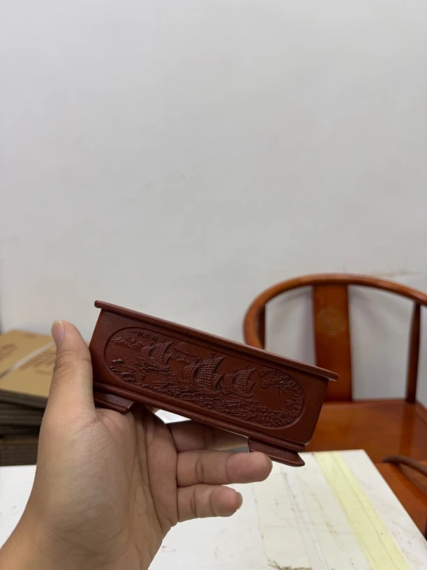 宜兴紫砂花13x4内经盆景盆陶瓷长方一帆风水古典多肉菖蒲老桩有孔