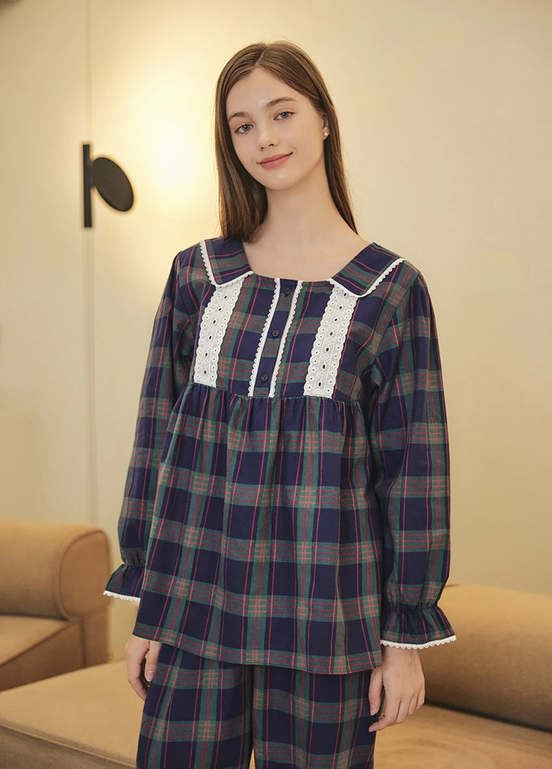 延吉成宝【韩国睡衣】ev家～长袖秋冬宽松情侣女款格子新婚礼物深色