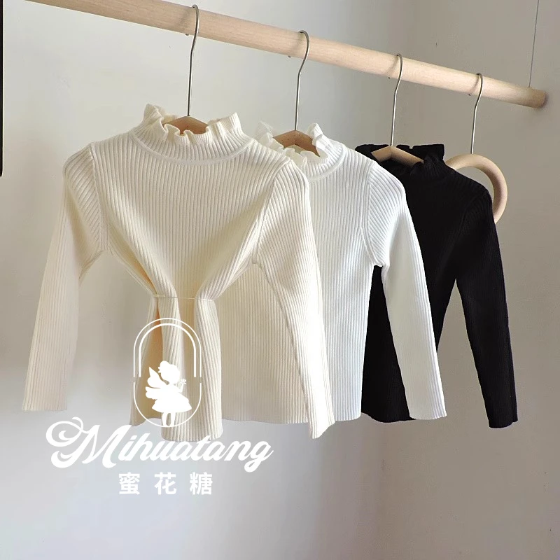 中小童薄款毛衣2024秋款韩版纯色花边宝宝女童休闲高弹打底毛衣