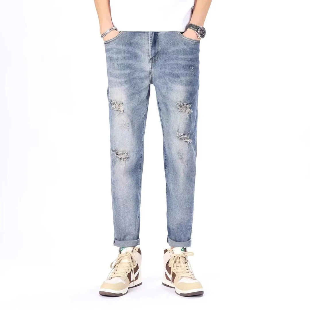 【夏款破洞】168日系哈伦锥型潮流男士浅蓝百搭直筒破洞牛仔裤九分