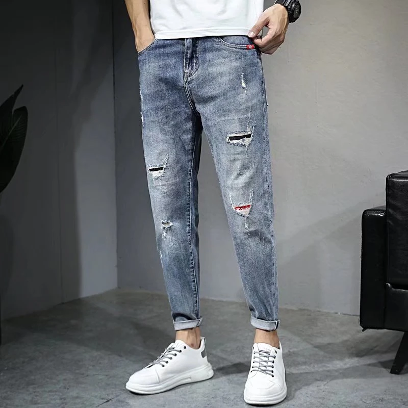 【高端假破洞】905# 韩版高街修身高弹刺绣假破洞潮流软牛仔裤