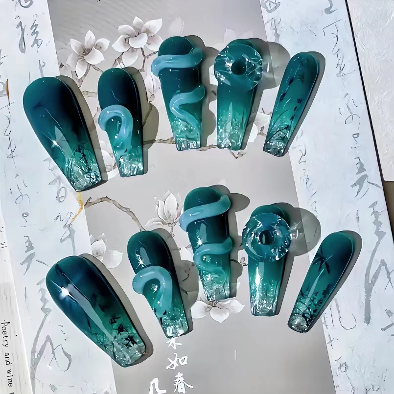 Q34【冰晶l绿蛇】M哥纯手工穿戴甲美甲