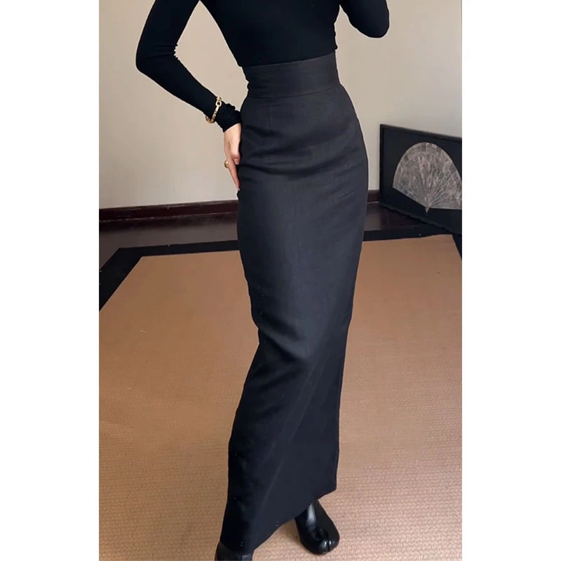 高个子腰封黑色半身裙女2024新款设计感高腰修身显瘦包臀半身长裙