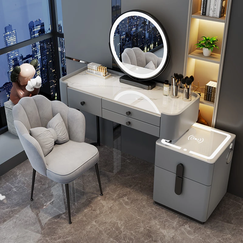 全实木岩板梳妆台小户型卧室极简轻奢网红化妆桌现代简约高档整装