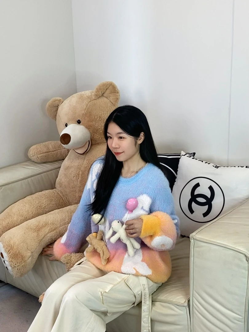 设计师款针织毛衣男女同款情侣款韩版新款漂浮气球小熊设计上衣