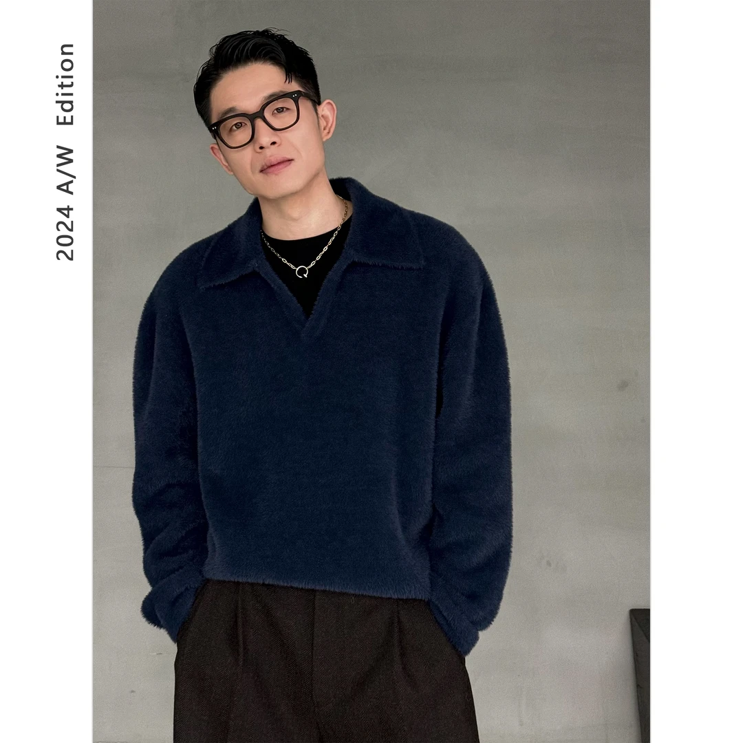 DUPU 简约优雅海鸥领仿水貂毛衣POLO