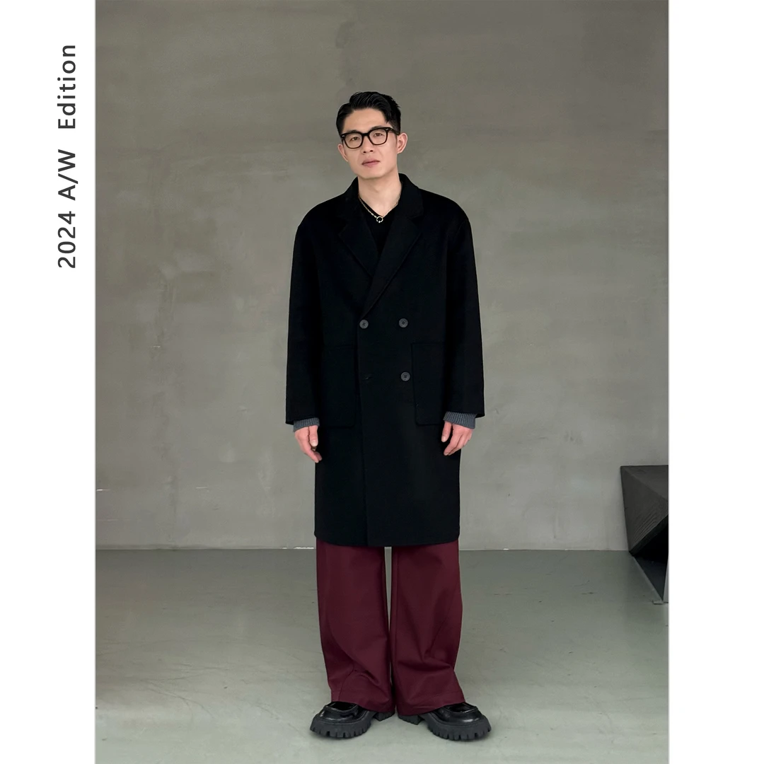 红人上新 经典双排扣平驳领长款重磅全羊毛手工双面呢大衣