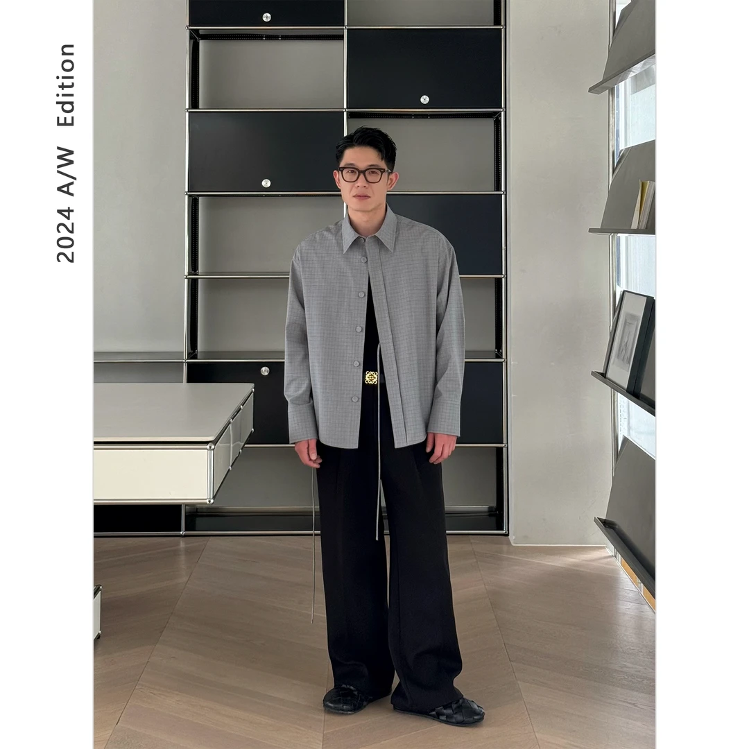 DUPU 优雅新贵/高级灰格纹系带设计棉质休闲长袖衬衫