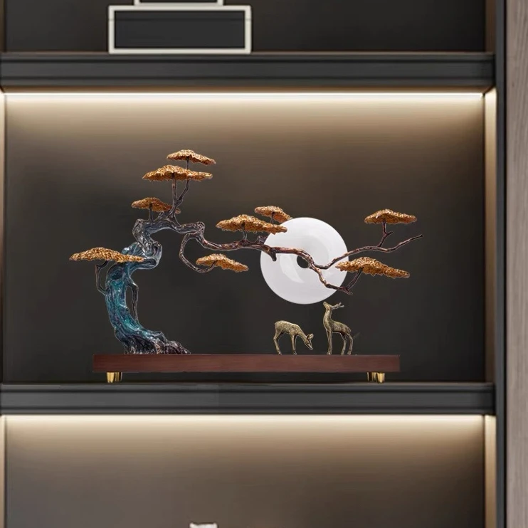 新中式黄铜迎客松鹿玉石摆件玄关客厅办公室招财装饰摆件开业礼品