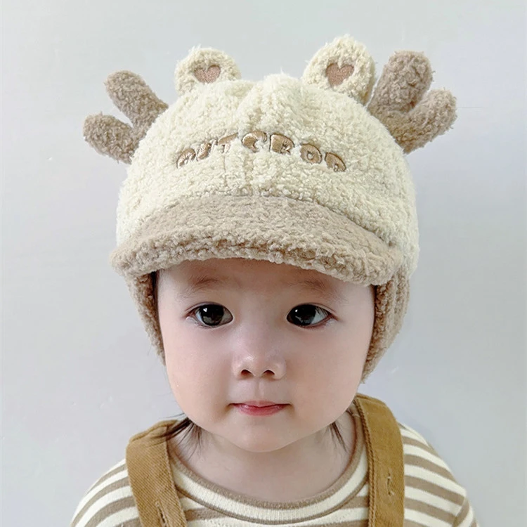 婴儿帽子秋冬季男女宝宝软檐毛绒鸭舌帽婴幼儿冬天保暖护耳棒球帽