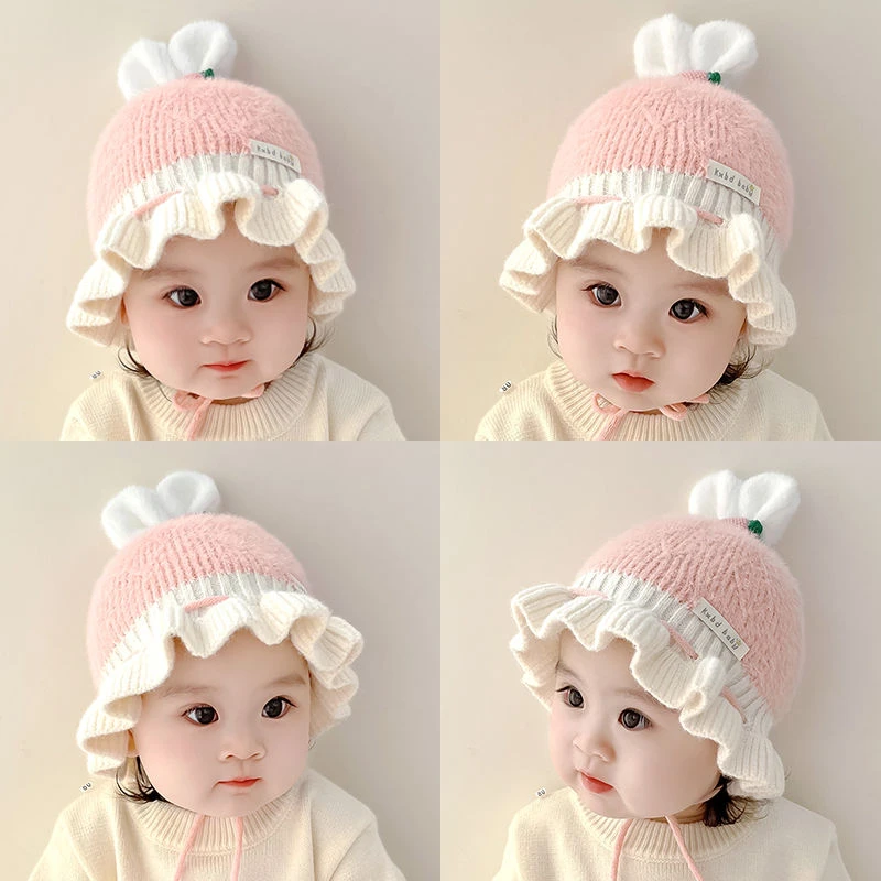 女宝宝帽子秋冬款婴儿毛线帽女童可爱保暖盆帽小女孩公主风护耳帽