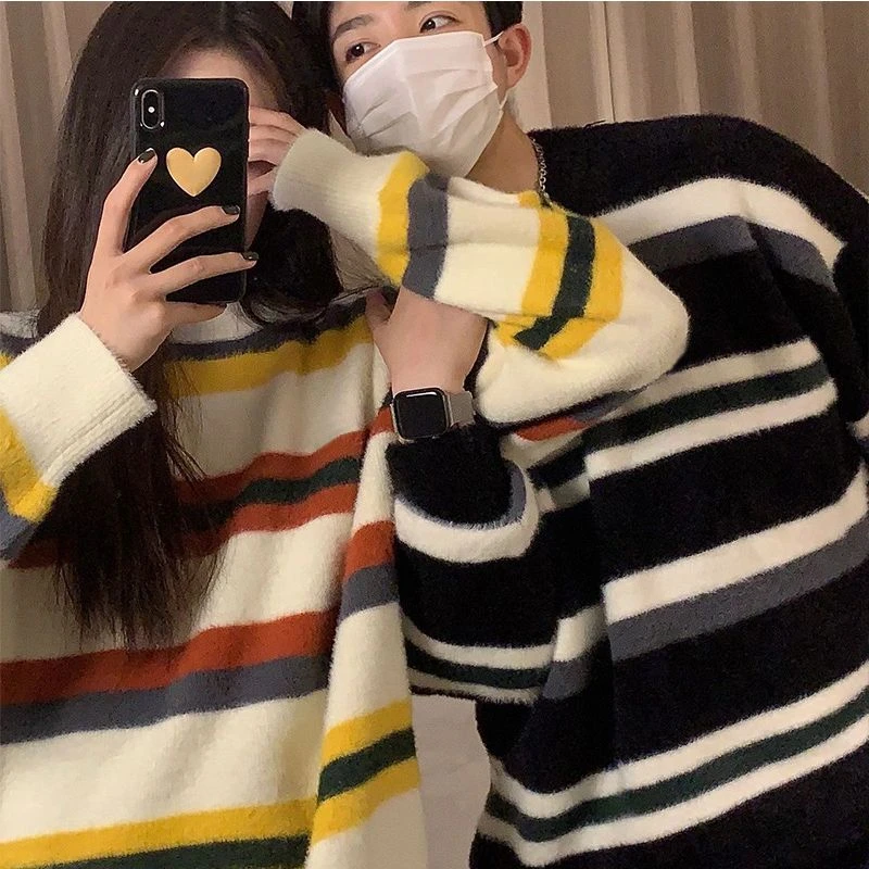 冬季情侣毛衣软糯仿貂绒高级感慵懒宽松潮牌撞色条纹针织衫外套男