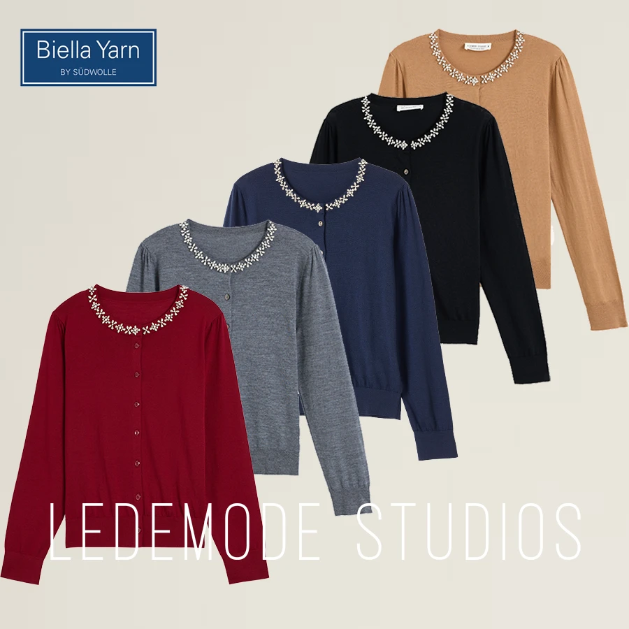 德国biella/100%美丽诺雪花手工珍珠钻长袖开衫