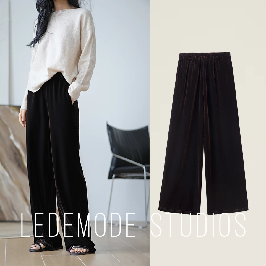 来末/重磅丝绒高支高密利落剪裁松紧腰阔腿空气裤