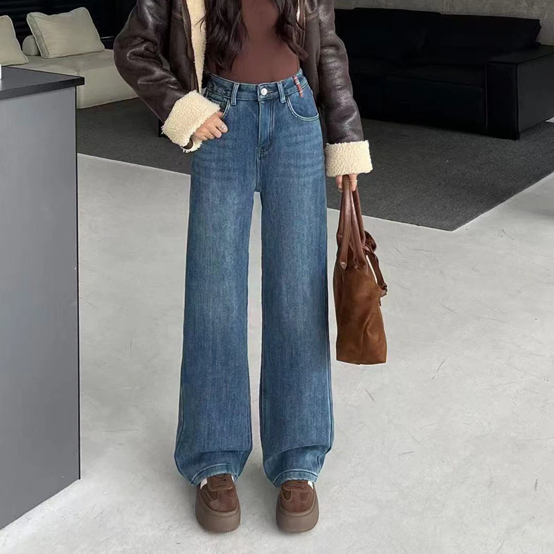 必入经典蓝色~冬季加绒加厚直筒牛仔裤显瘦高腰窄版阔腿裤拖地裤