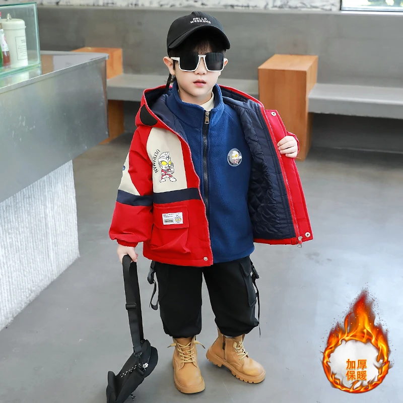 奥特曼男童冲锋衣秋冬季2025新款帅气男童儿童冬装加绒加厚外套