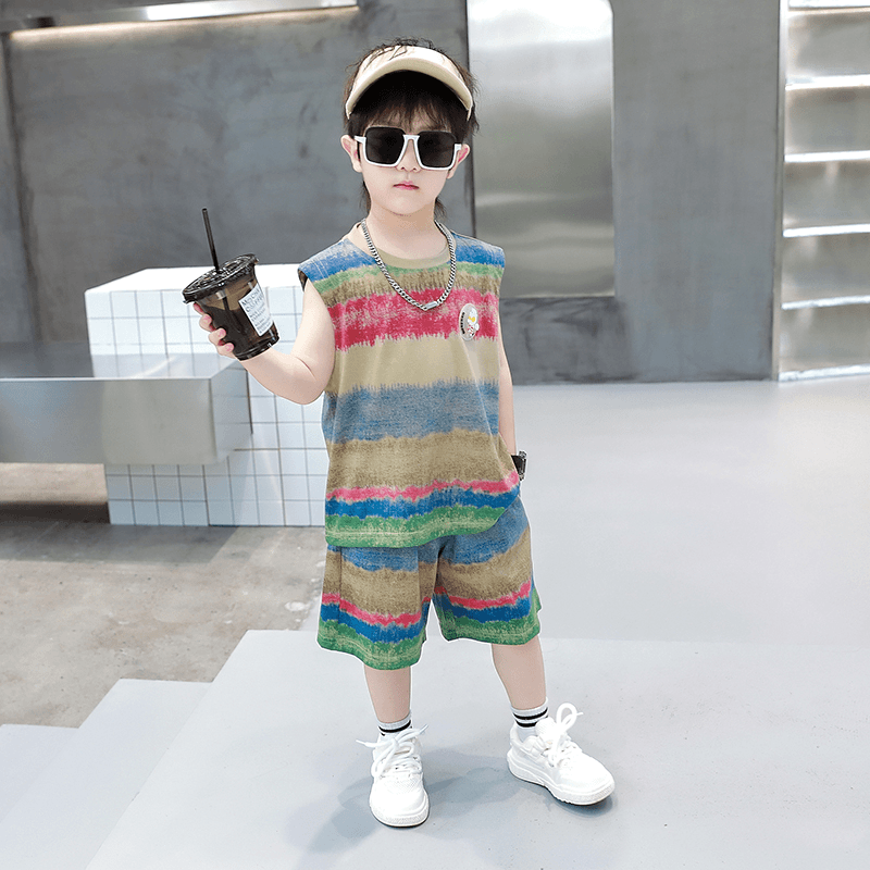 奥特曼衣服男童夏季套装2024新款儿童夏装洋气扎染背心无袖两件套