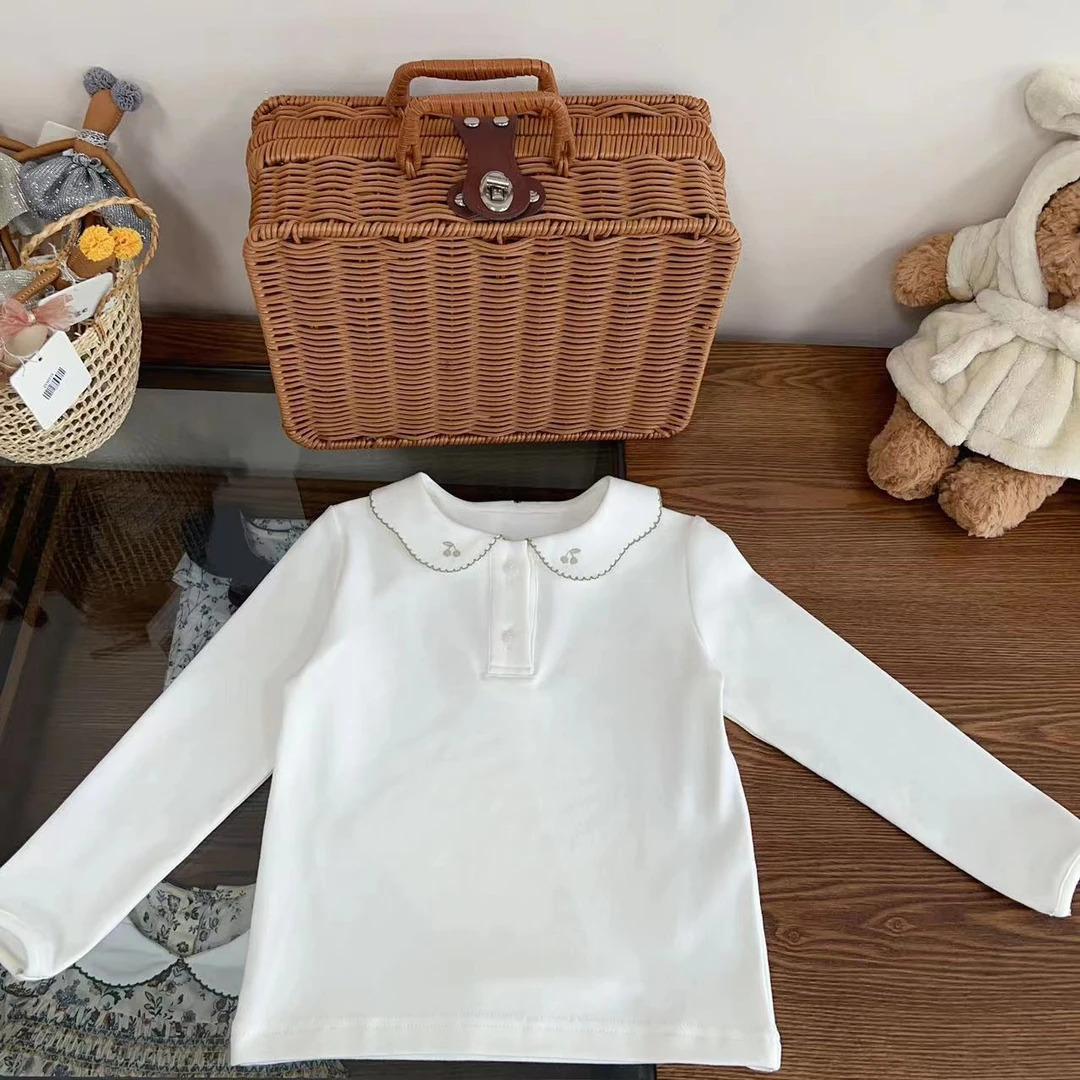 【樱桃慕斯卷】女童白色两粒扣蕾丝领刺绣樱桃时尚翻领百搭上衣2493
