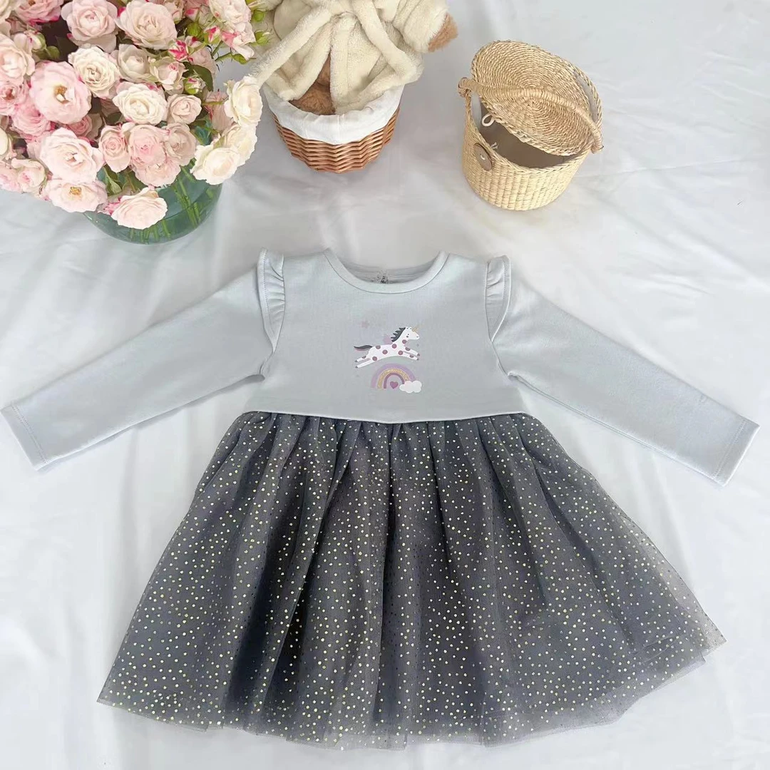 女童纯色独角兽起飞亮晶晶纱纱洋气连衣裙