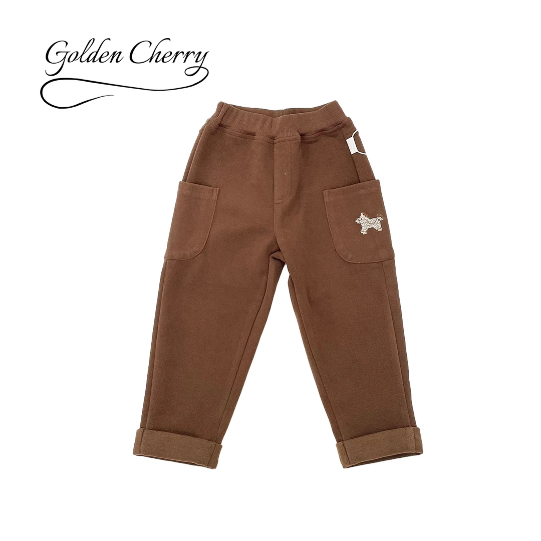 【Golden cherry】女童咖啡色前大兜刺绣小马时尚休闲裤JYT021