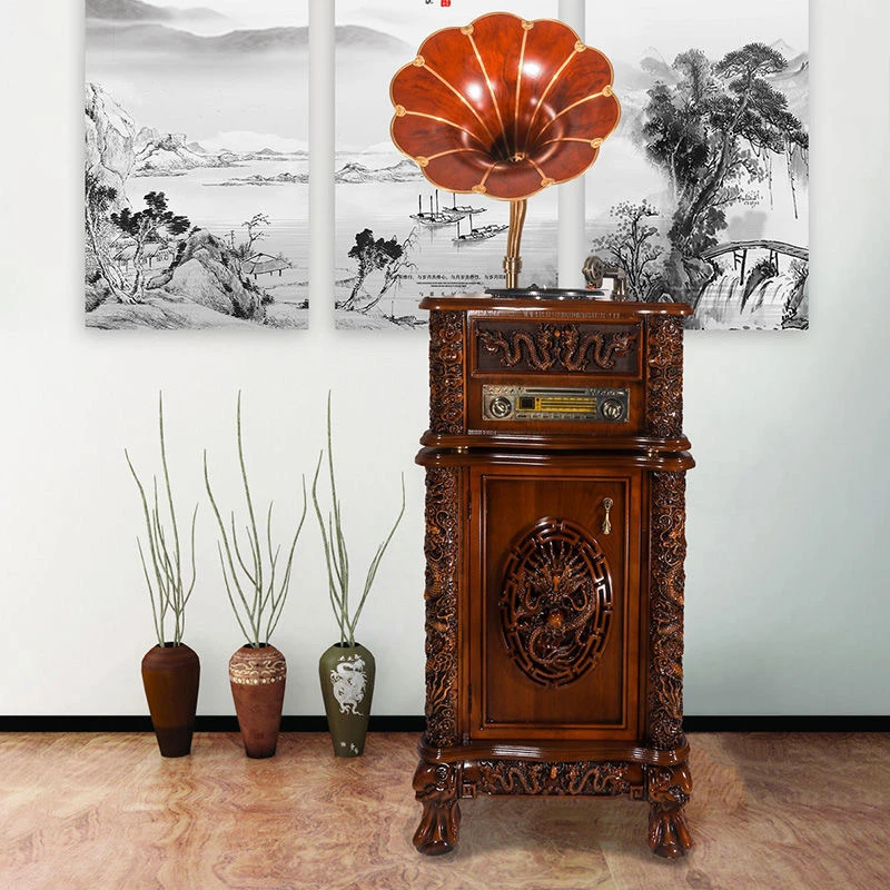 今墨留声机客厅中式黑胶唱片机实木仿古留声机复古雕刻龙机低音