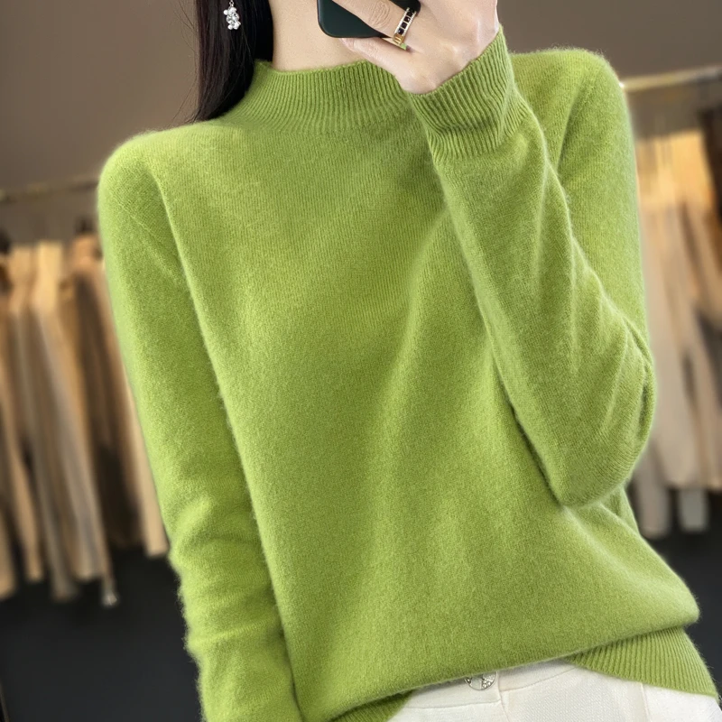 【专柜新款】100纯羊毛一线成衣女宽松半高领打底衫