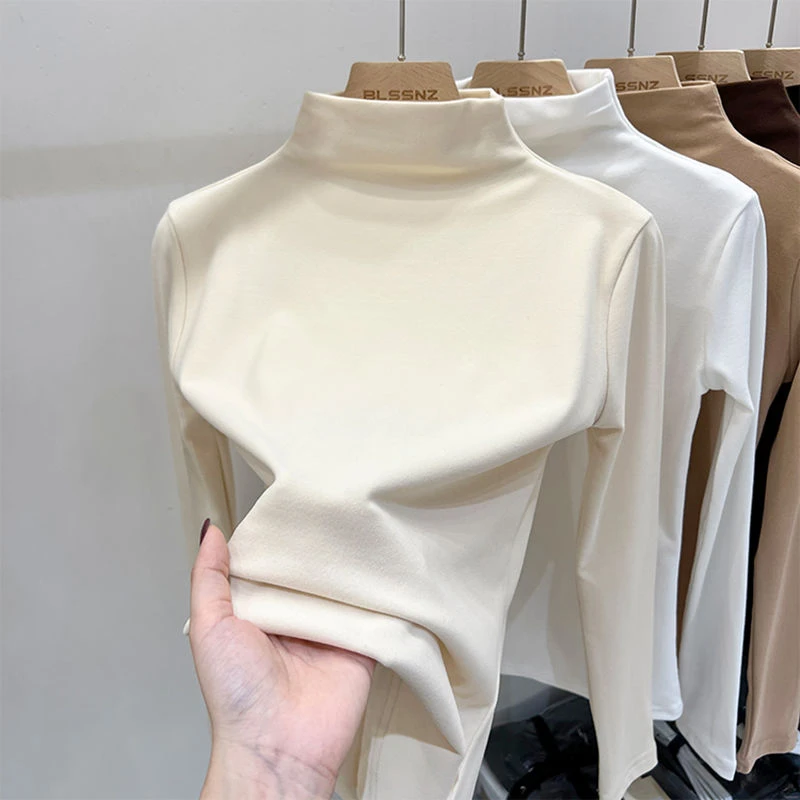 双面德绒半高领打底衫女加厚内搭长袖上衣2024秋冬新款保暖t恤女