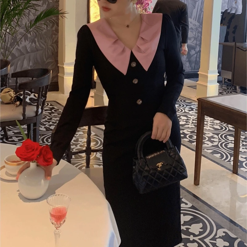 魅鹊19815【胭脂裙】法式翻领复古秋冬黑色连衣裙