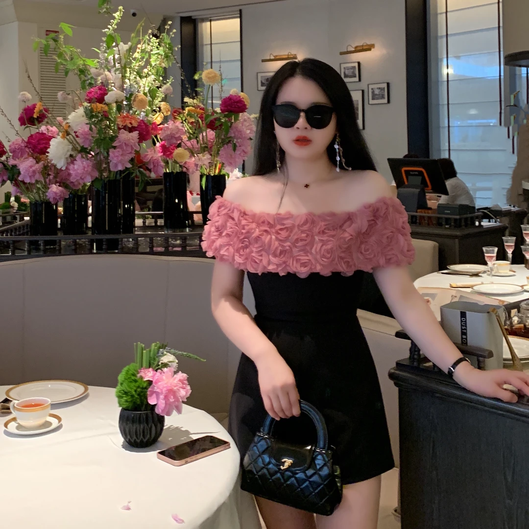 魅鹊 50275 玫瑰系列法式气质一字肩高腰显瘦连体短裤设计感短款