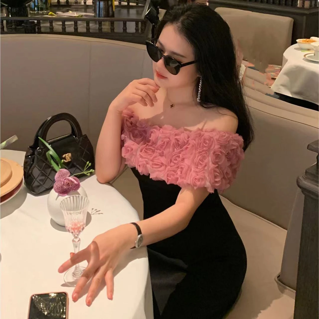 魅鹊50669玫瑰公主法式小众设计感一字肩短款露肩气质小黑裙