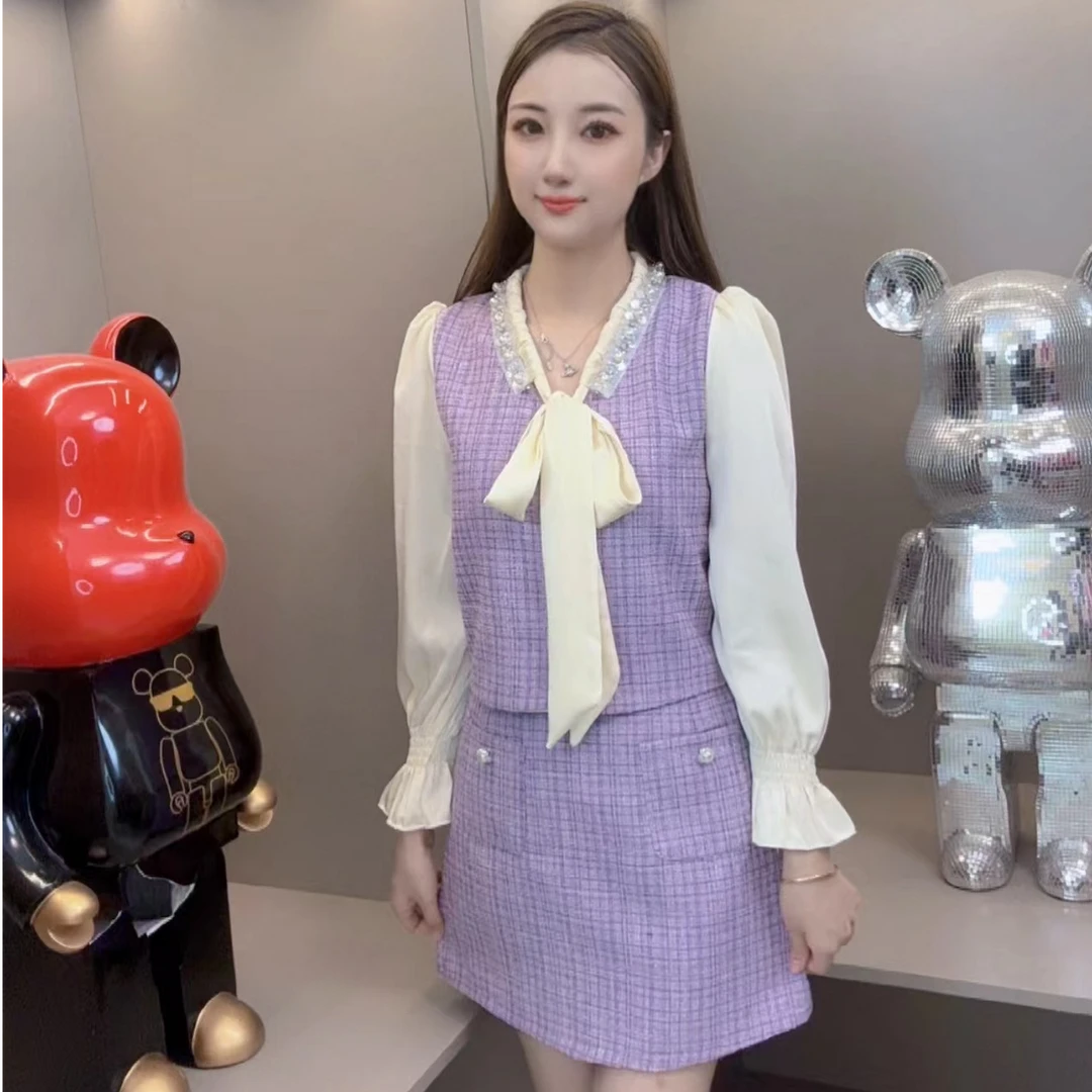 2024早秋新款小香风拼接重工串珠名媛风外套+半身裙两件套