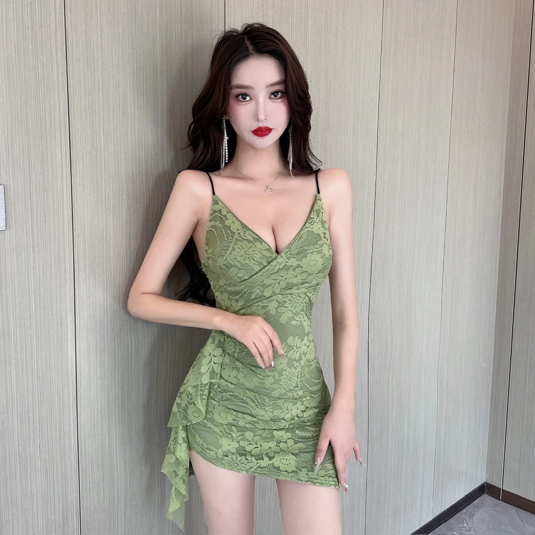 夜总 店性感女装吊带深V领蕾丝包臀连衣裙紧身显瘦夜场上班工作服