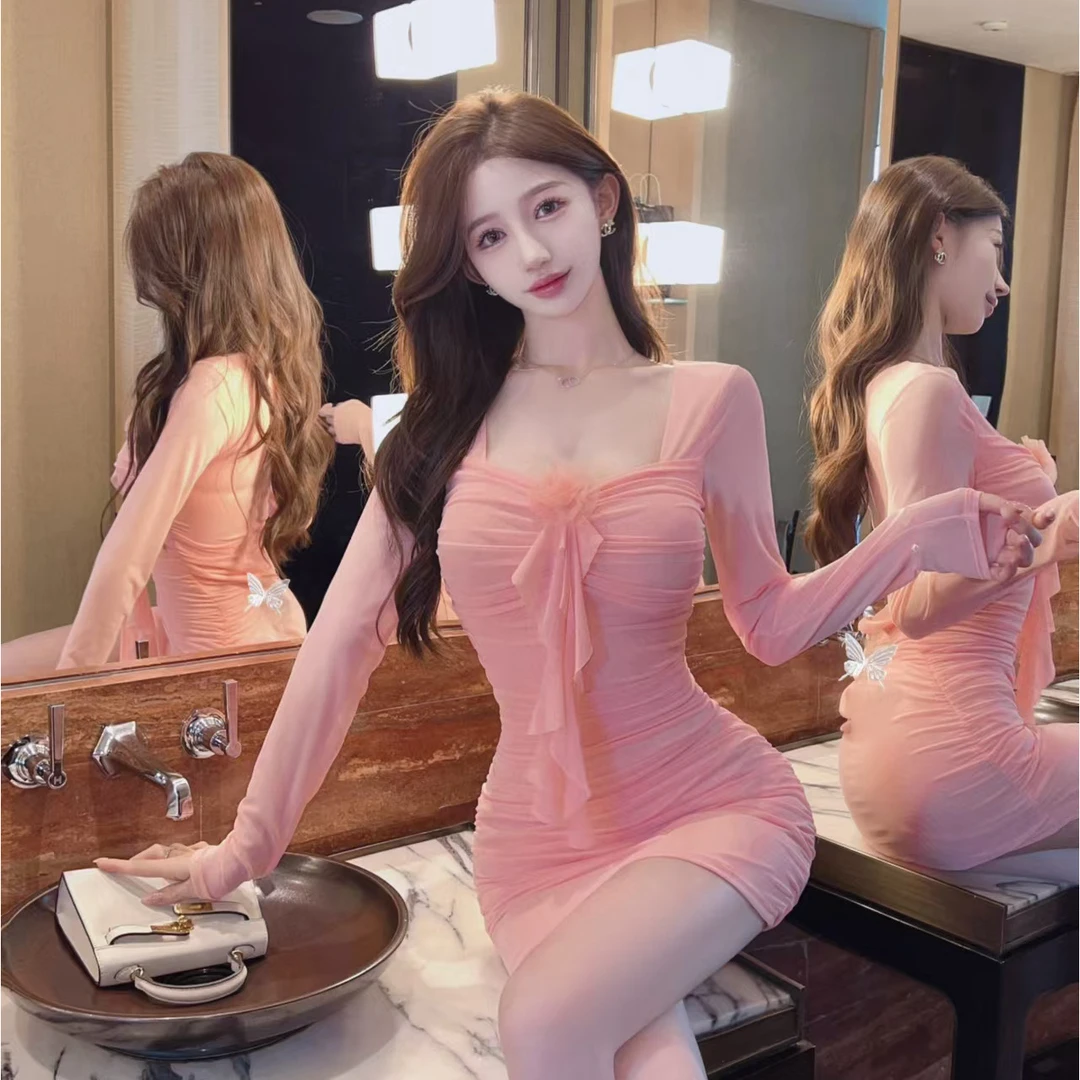 辣妹性感低胸镂空网纱修身连衣裙长袖紧身包臀裙夜场上班女装秋季