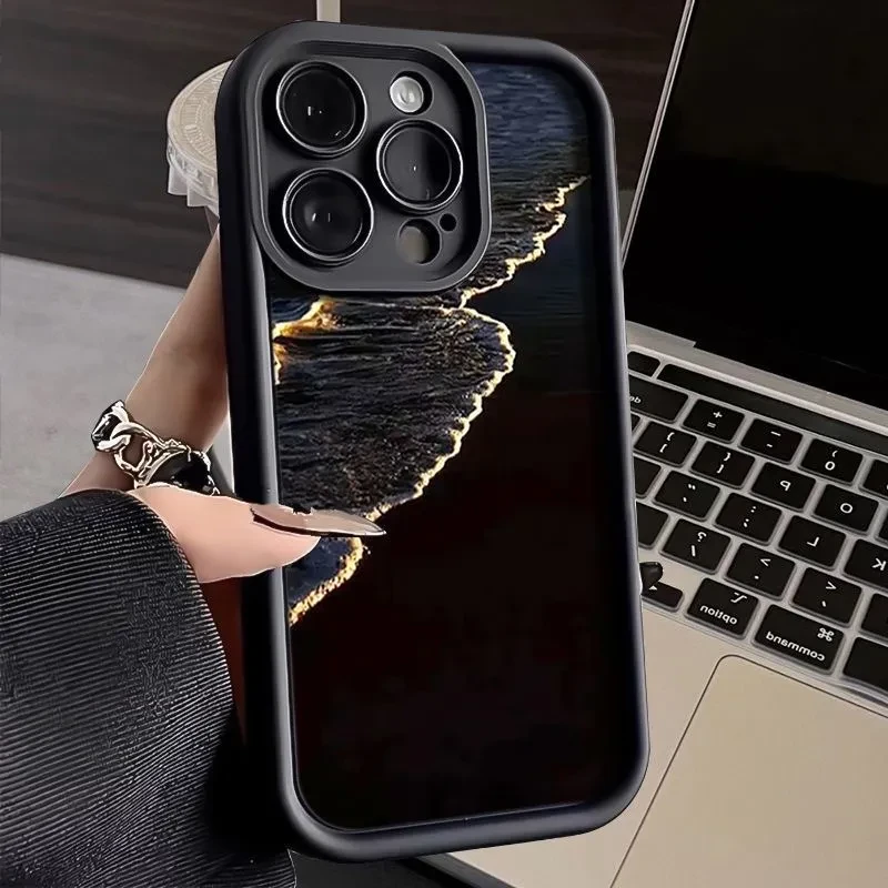 情侣阶梯金色海浪苹果15promax/OPPO/VIVO/华为/小米软全包手机壳