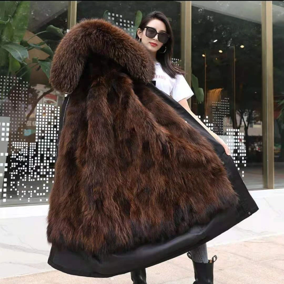 女士长款大码连帽加厚长毛内胆保暖时尚大毛领派克服