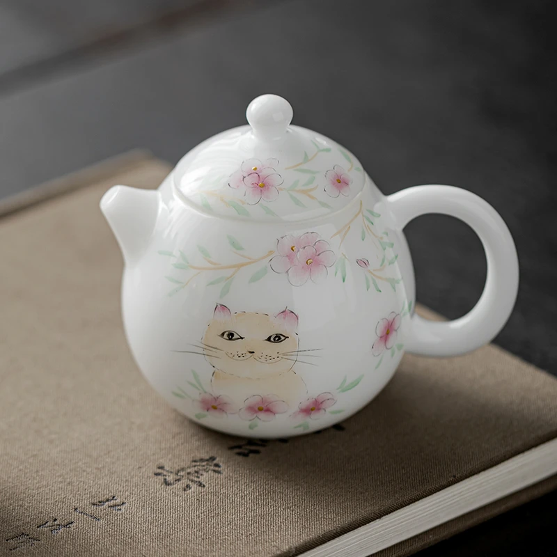 羊脂玉白瓷冰种手绘猫咪龙蛋壶
