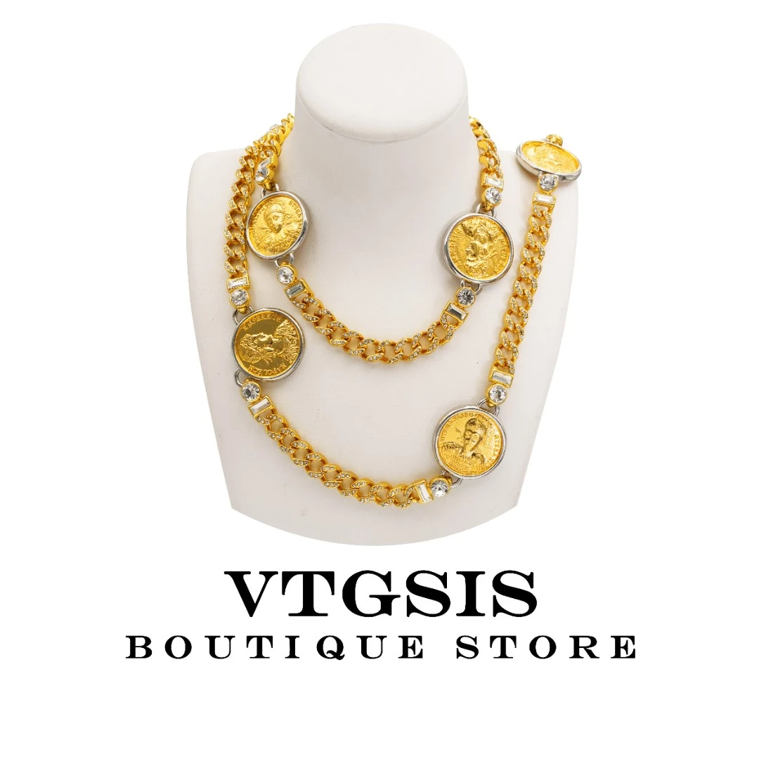 VTGSIS 合金合成锆石项链 3866法式金色古币人像项链复古拼接时尚