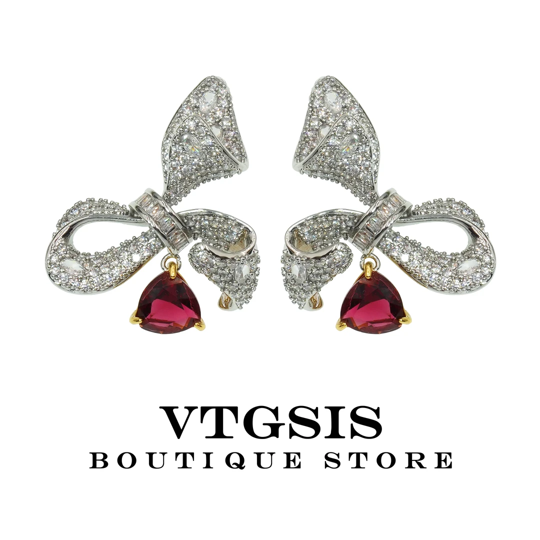 VTGSIS 合金合成锆石耳饰 21908红色蝴蝶结耳钉时尚感甜美【首饰】