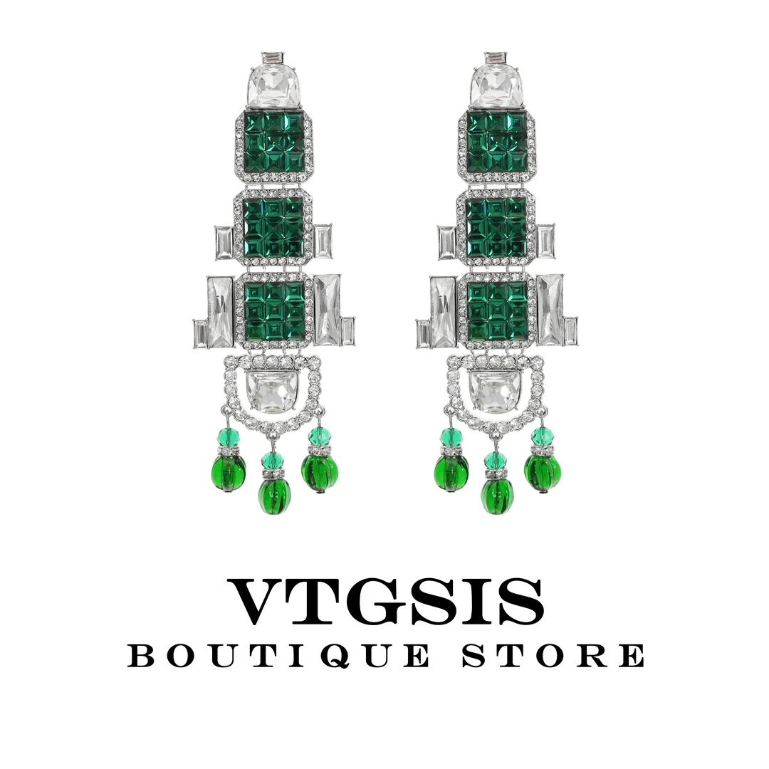 VTGSIS 合金合成锆石耳饰 宴会高级感绿色扫肩耳夹女复古22481