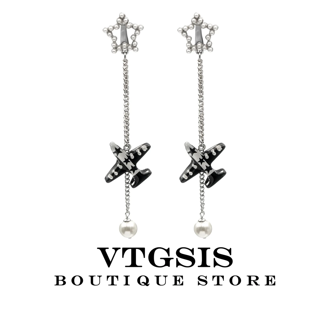 VTGSIS 合金仿珍珠耳饰 22363黑色飞机耳夹长款小众轻奢流苏耳饰