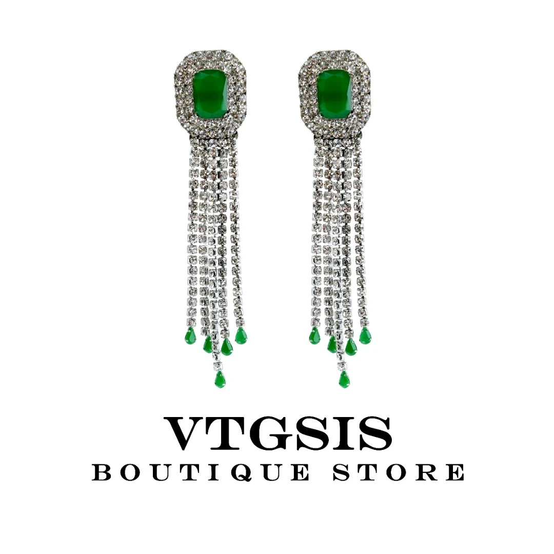 VTGSIS 合金合成锆石耳饰 复古轻奢绿色流苏耳夹宫廷风精致21347